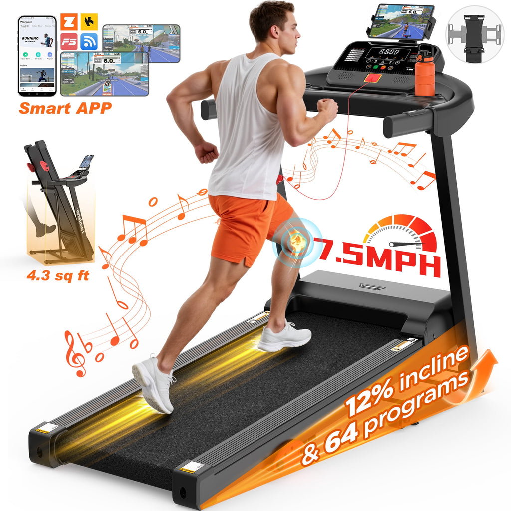 FaayFian 3HP Portable Folding Treadmill for Home&Office, LCD Display , 300 lbs Treadmill with Incline, 64 Programs, APP Control, Tablet Holder, 7.5MPH, Exercise Equipment for Walking, Jogging, Running