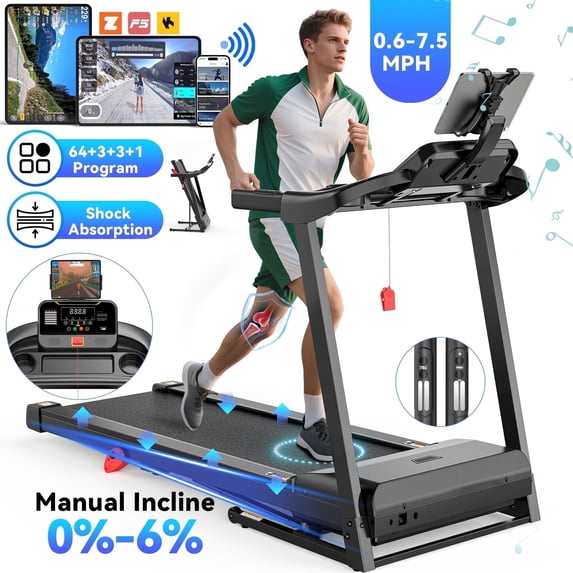 Campmoy 3.0HP Treadmill 300lbs Capacity, 6% Incline Folding Treadmill for Home, 0.6-7.5MPH, 16’’ Wild Belt, Shock Absorption, 64+3+3+1 Program, Running Machine for Home&Office