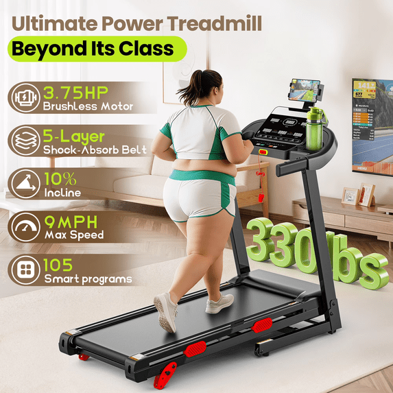 Qvamodo 3.75HP Folding Treadmill for Home with 3-Level Manual Incline, 9 MPH Speed, 350LBS Capacity, 105 Programs & FitShow App, Bluetooth Speakers, LED Display