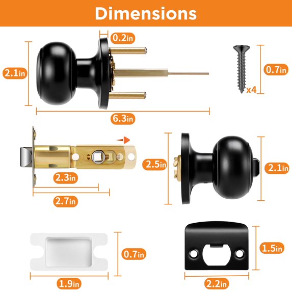 ODYAAZ 5 Pack Privacy Door Knob Set, Interior & Exterior Ball Door Knobs for Bedroom & Bathroom, Adjustable Latch, Stainless Steel Matte Black Finish
