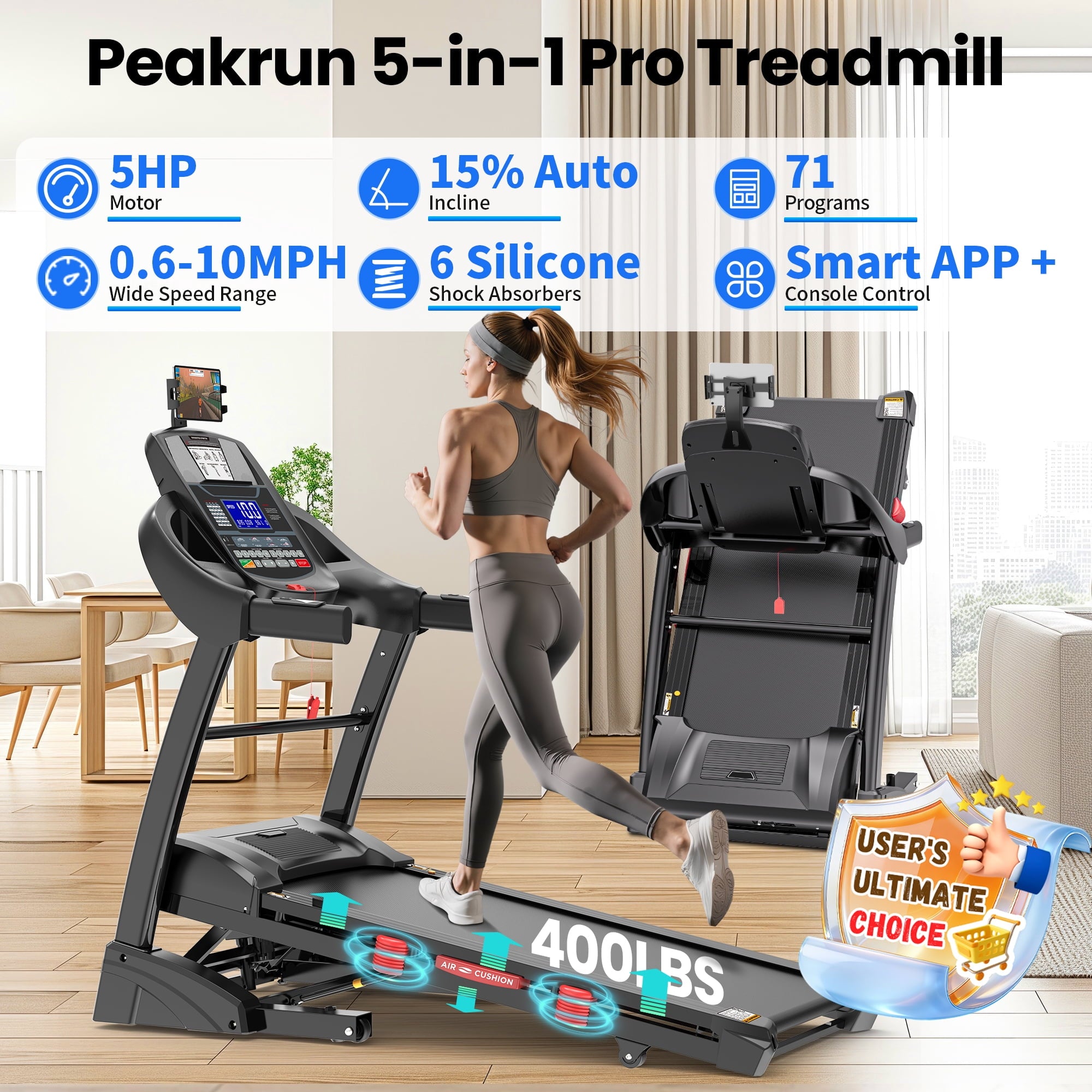 5HP Foldable Treadmill for Home w/ 15% Auto Incline, 400lbs Capacity, 10MPH Portable Treadmill, 64+7 Programs, Personalized Workout with APP, Running Walking treadmill,UPC:747607590403