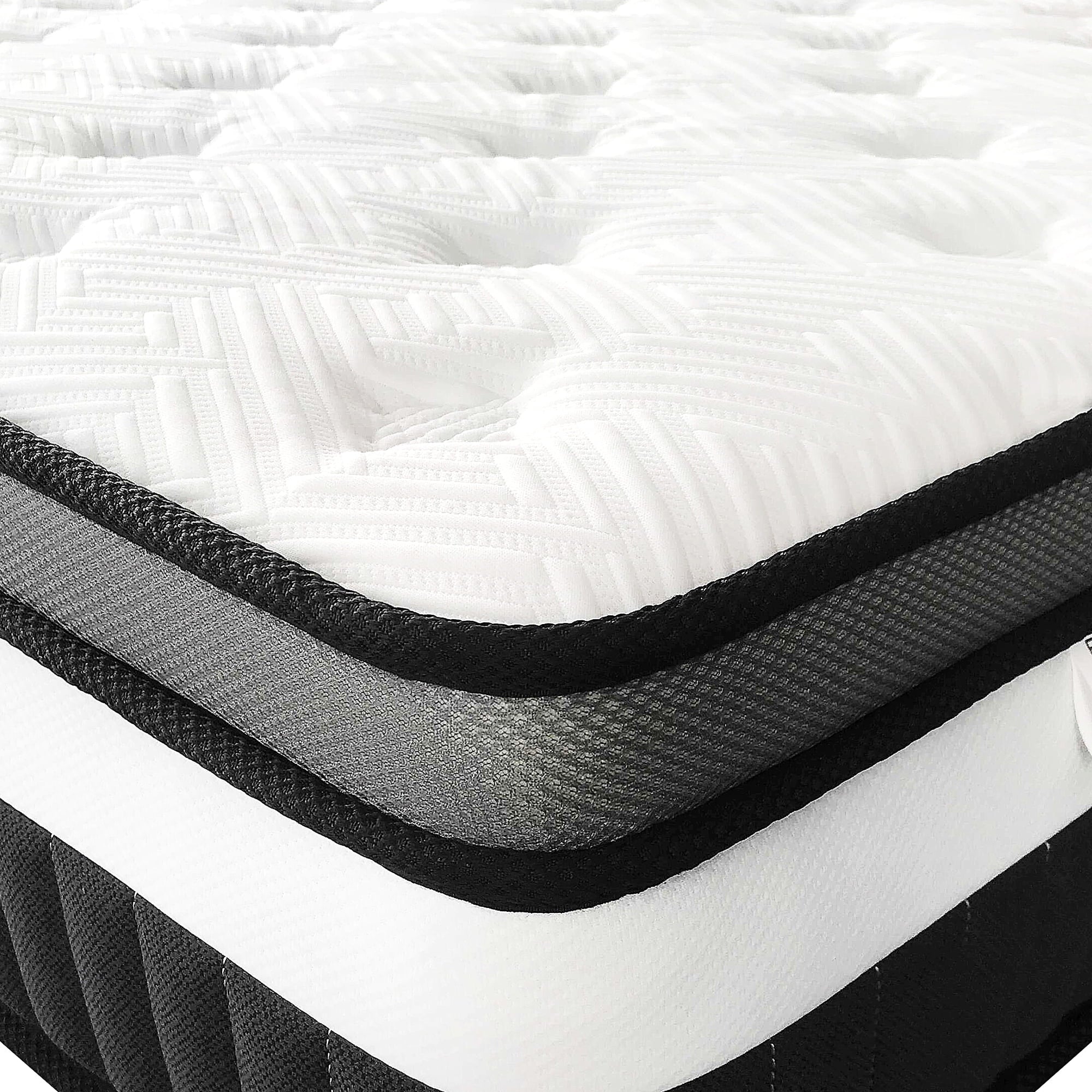 Qvamodo 14 inch King Size Hybrid Mattress, Cooling Memory Foam Mattress in a Box with Individually Pocket Springs CertiPUR-US Certified Medium Firm Breathable Pressure Relief White with Khaki Rim