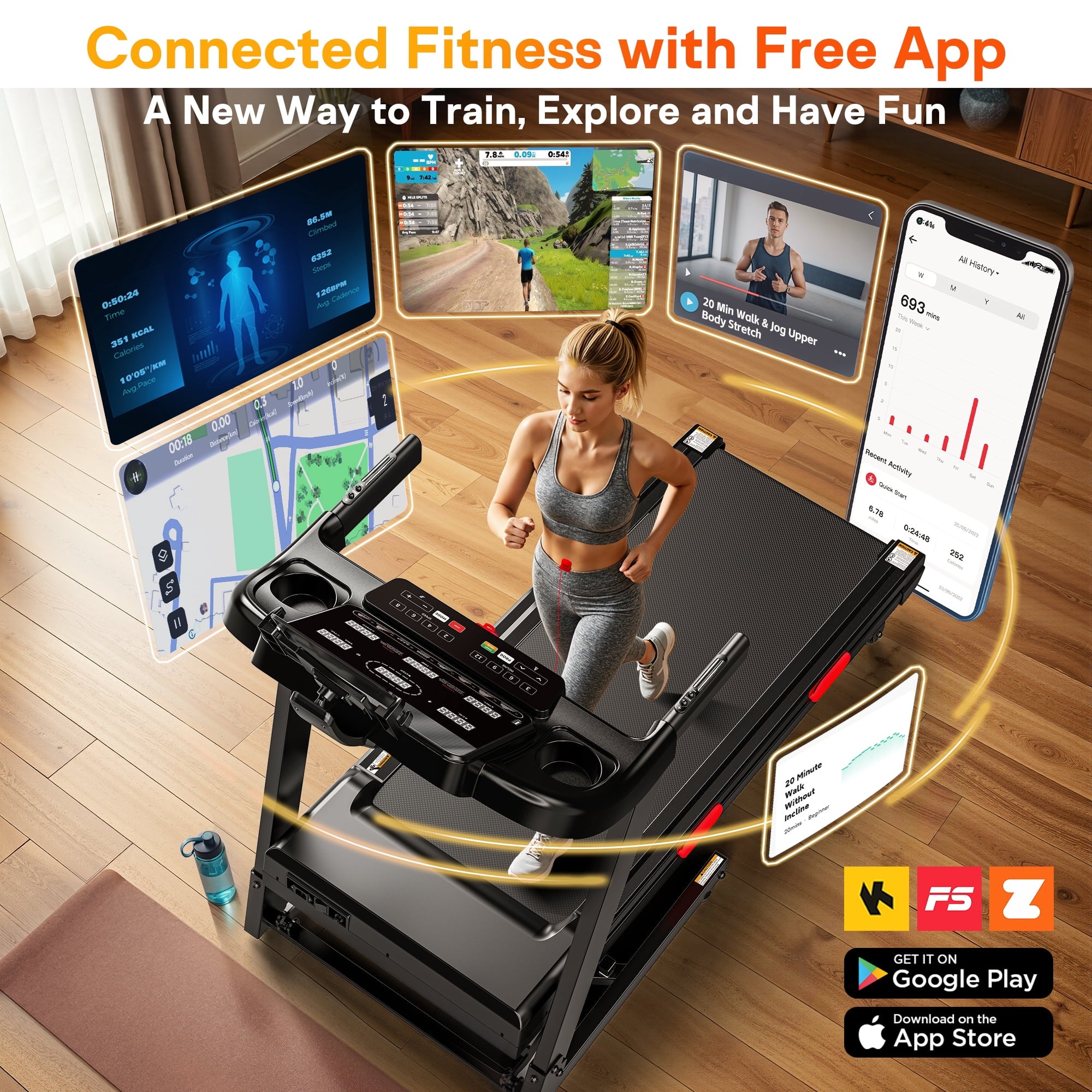 FaayFian 3.8HP Folding Treadmill, 300-330lb Capacity, 15 Levels Auto Incline Treadmills for Home Running and Walking Max 9 MPH Speed Foldable ElectronicTreadmill Running Machine with APP & Bluetooth