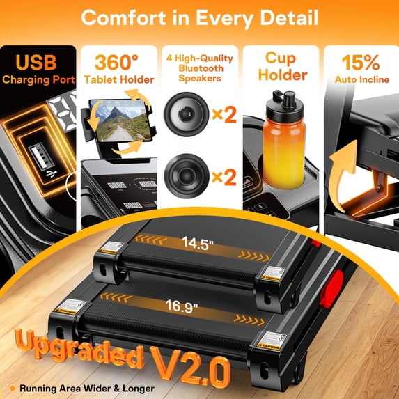 FaayFian Treadmill with 15% Incline,Portable Treadmills for Home Small, Incline Treadmill with Handle Bar, Walking Pad Foldable exercise treadmill with 3.8HP Quiet Brushless, LED Dispay, 300LBS Capacity