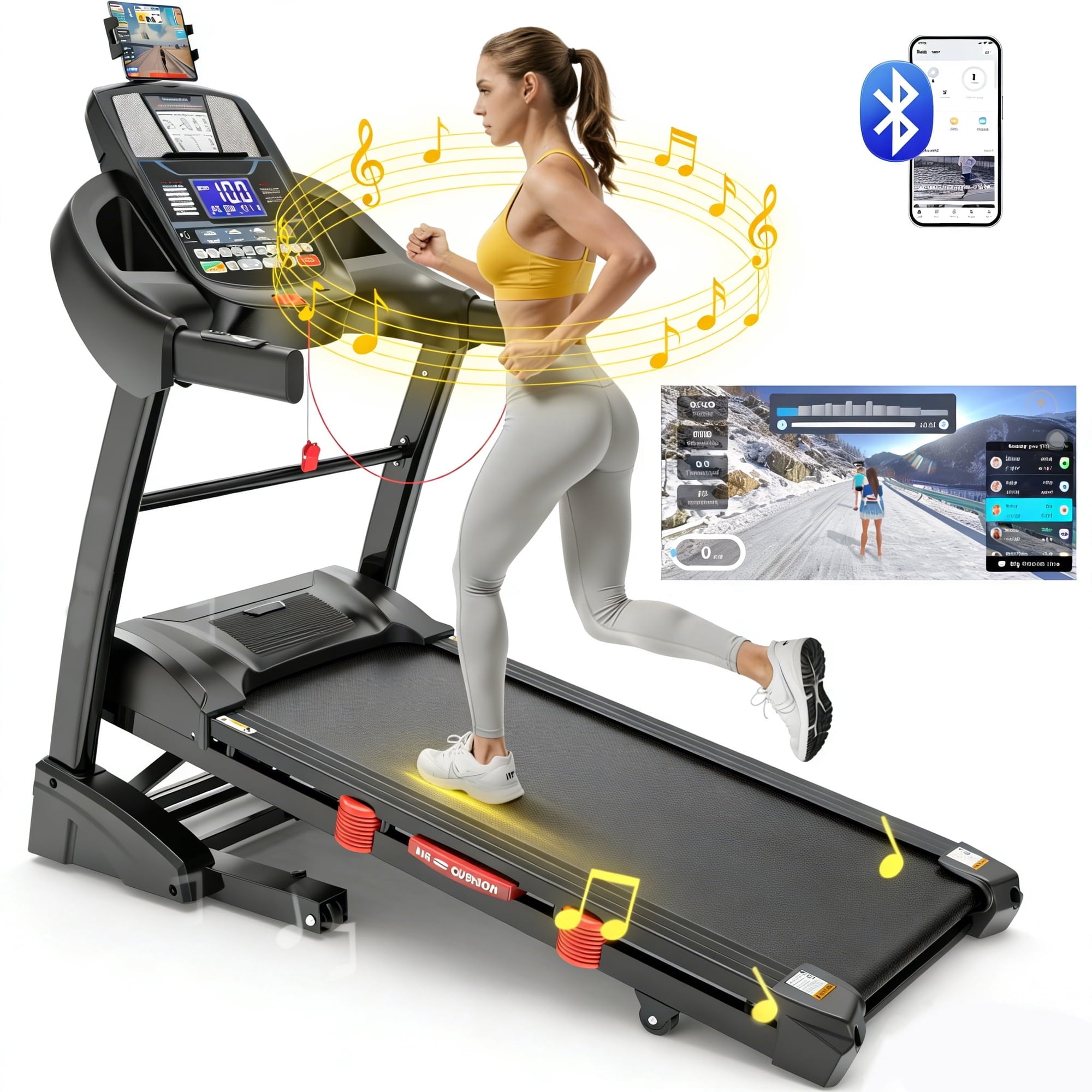 Qvamodo 4.8 HP Portable Folding Treadmill with APP Control,300-400lbs Folding Treadmill with Incline\Free Courses\Bluetooth Speakers\LED Display\71 Programs for Home & Office Use, 12MPH/h, Knee Straps Bonus