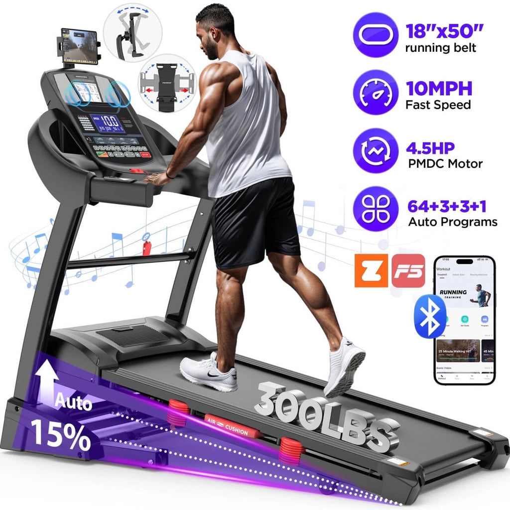 4.5HP Foldable Treadmill with 15 Levels Auto Incline, Portable Treadmill for Home Use, 300lbs Capacity, 64+3+3+1 Programs, 10MPH Speed, HiFi Bluetooth Speakers, Smart APP Control, Knee Strap Gift