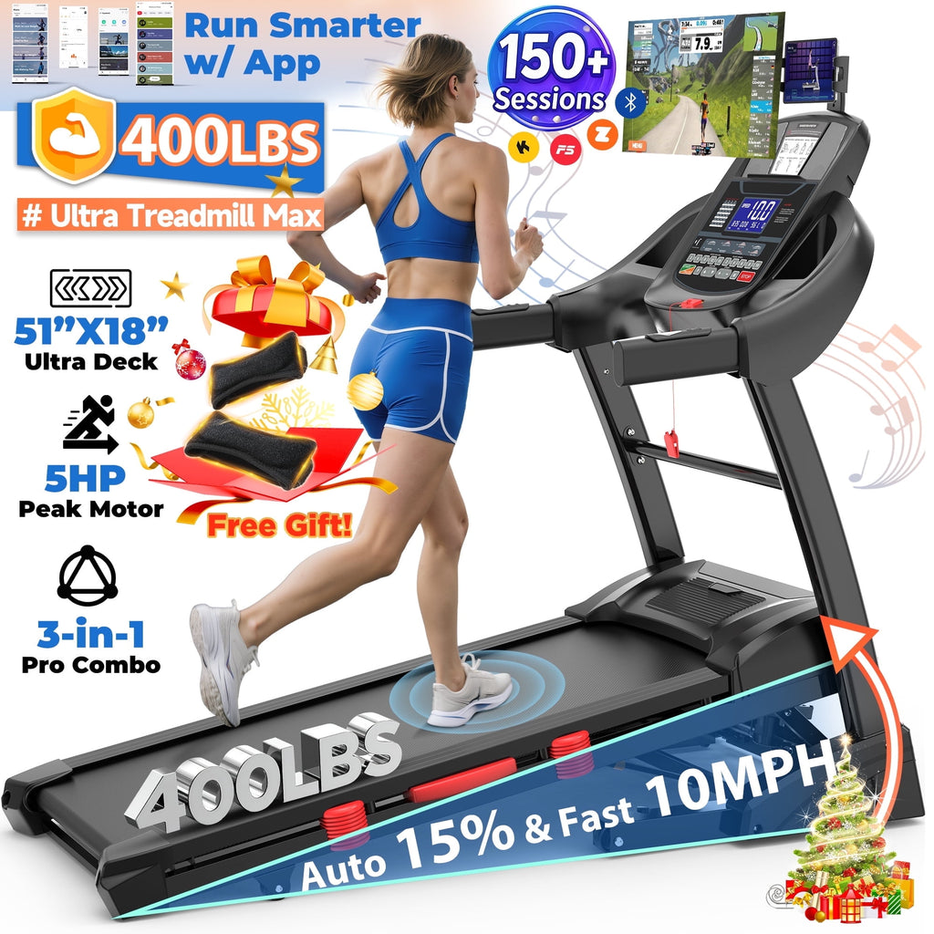 Campmoy 5HP Foldable Treadmill for Home w/ 15% Auto Incline, 400lbs Capacity, 10MPH Portable Treadmill, 64+7 Programs, Personalized Workout with APP, Running Walking treadmill