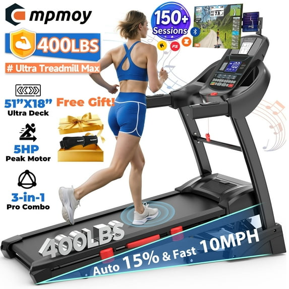 Campmoy 5HP Foldable Treadmill for Home w/ 15% Auto Incline, 400lbs Capacity, 10MPH Portable Treadmill, 64+7 Programs, Personalized Workout with APP, Running Walking treadmill