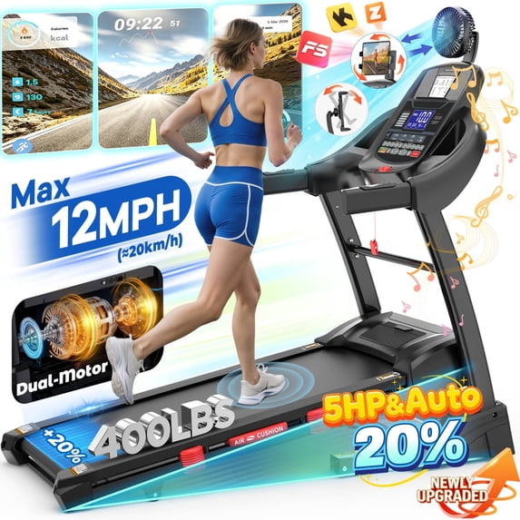 Campmoy 5HP Foldable Treadmill for Home w/ 15% Auto Incline, 400lbs Capacity, 10MPH Portable Treadmill, 64+7 Programs, Personalized Workout with APP, Running Walking treadmill, UPC:747607590403