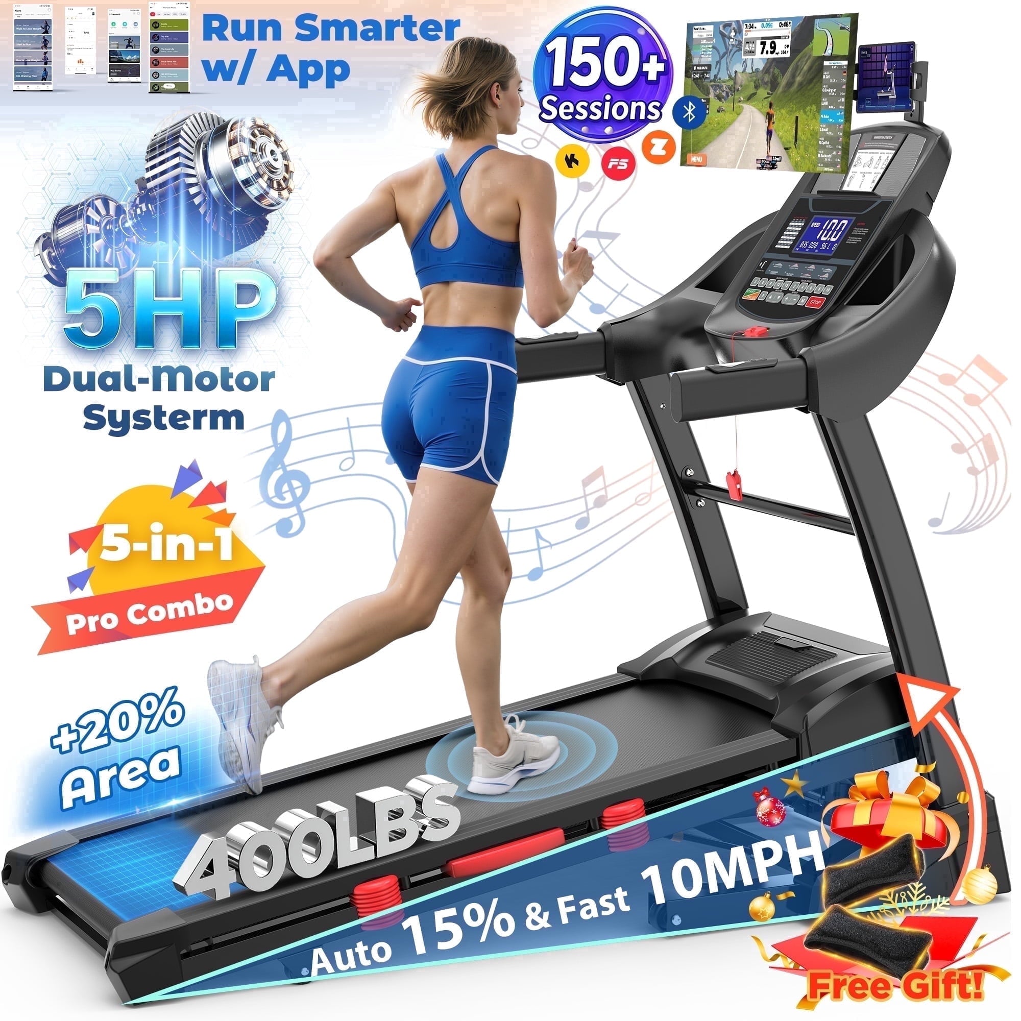 5HP Foldable Treadmill for Home w/ 15% Auto Incline, 400lbs Capacity, 10MPH Portable Treadmill, 64+7 Programs, Personalized Workout with APP, Running Walking treadmill,UPC:747607590403
