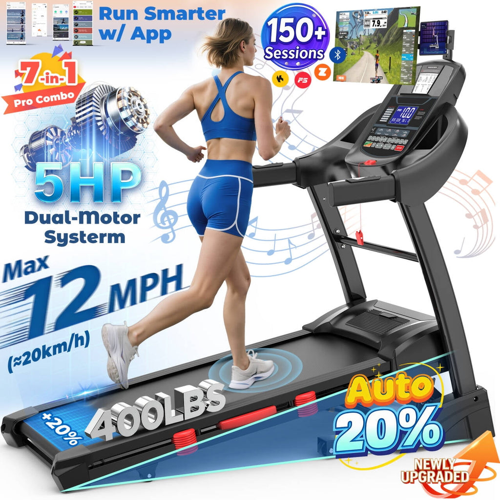 Campmoy 5HP Foldable Treadmill for Home w/ 15% Auto Incline, 400lbs Capacity, 10MPH Portable Treadmill, 64+7 Programs, Personalized Workout with APP, Running Walking treadmill