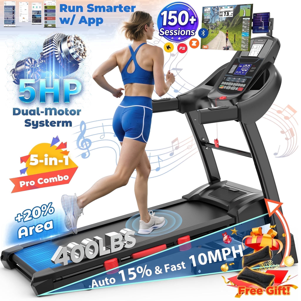 Qvamodo 5HP Foldable Treadmill for Home w/ 15% Auto Incline, 400lbs Capacity, 10MPH Portable Treadmill, 64+7 Programs, Personalized Workout with APP, Running Walking treadmill