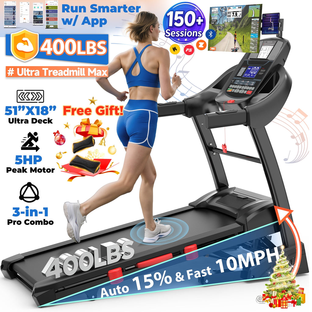 Campmoy 5HP Foldable Treadmill for Home w/ 15% Auto Incline, 400lbs Capacity, 10MPH Portable Treadmill, 64+7 Programs, Personalized Workout with APP, Running Walking treadmill