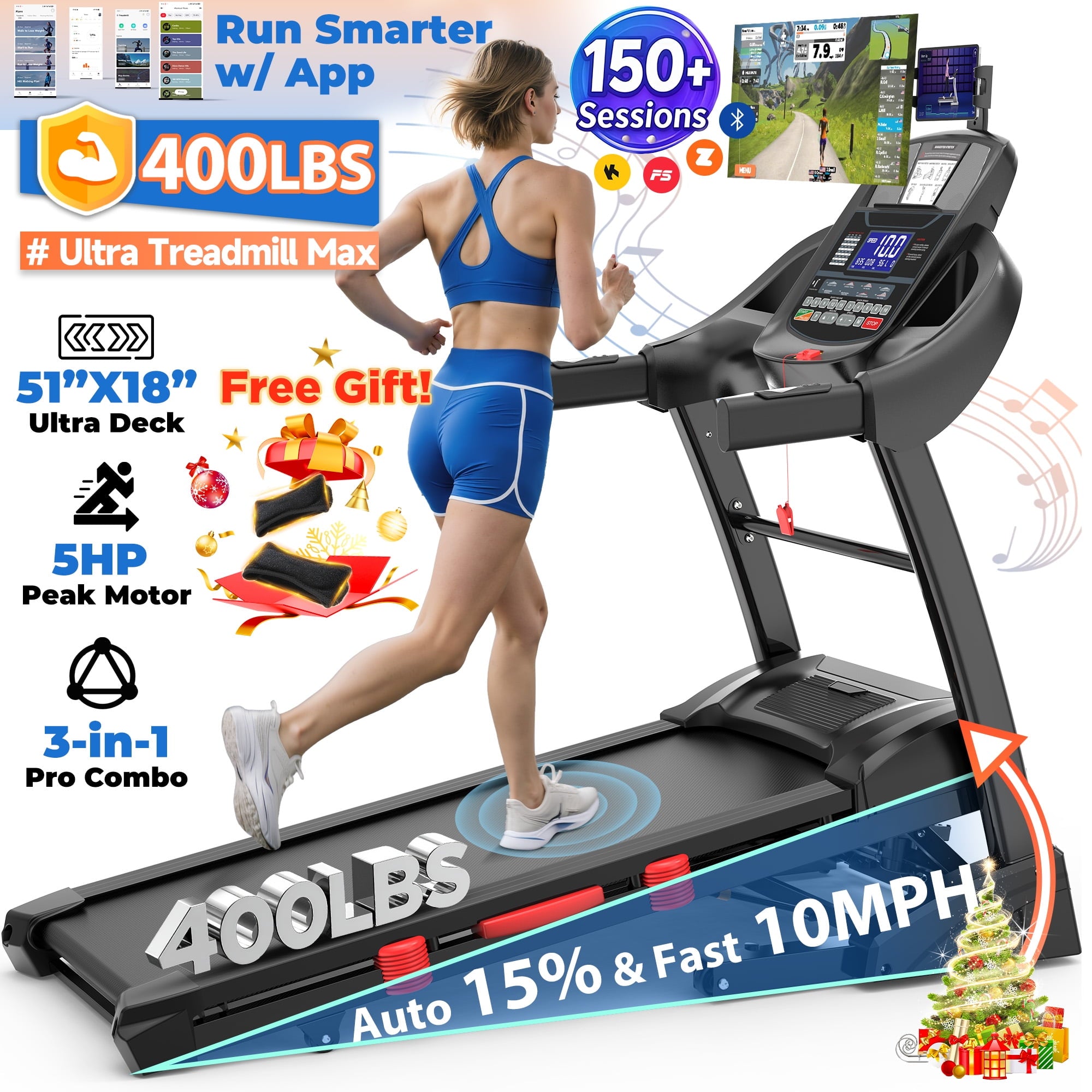 Campmoy 5HP Foldable Treadmill for Home w/ 15% Auto Incline, 400lbs Capacity, 10MPH Portable Treadmill, 64+7 Programs, Personalized Workout with APP, Running Walking treadmill