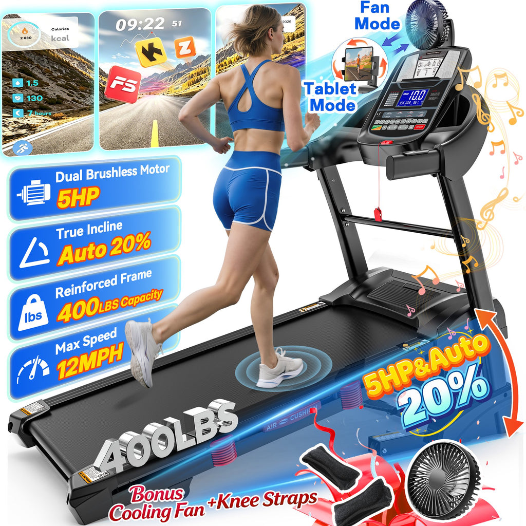 Campmoy 5HP Foldable Treadmill for Home w/ 20% Auto Incline, 400lbs Capacity, 12MPH Portable Treadmill, 64+7 Programs, Personalized Workout with APP, Running Walking treadmill