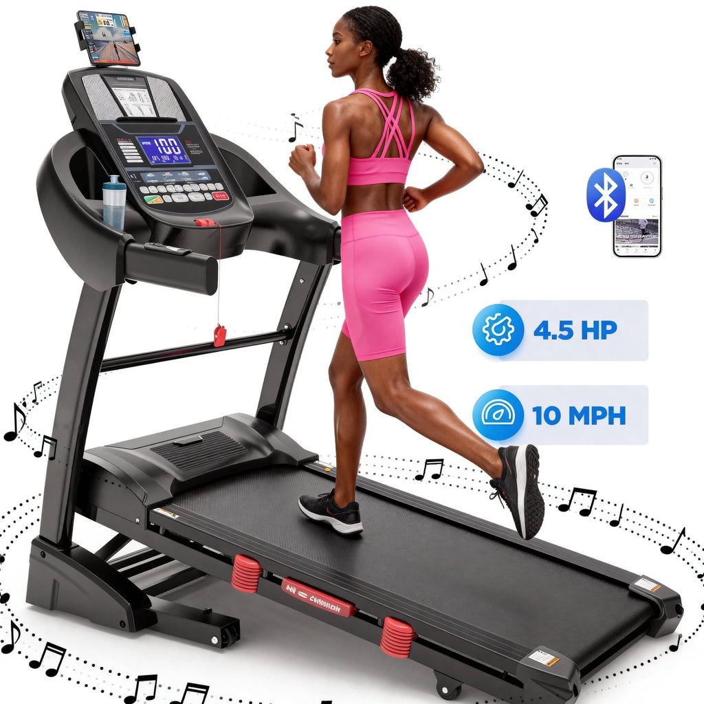 ODYAAZ 4.5HP Folding Treadmill for Home with 15% Auto Incline, 300lb Capacity, Portable Foldable Treadmill, APP Control, HiFi Bluetooth Speakers, 10MPH Speed, 71 Programs, Jogging walking treadmill
