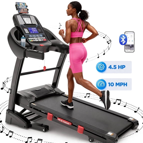 ODYAAZ 4.5HP Folding Treadmill for Home with 15% Auto Incline, 300lb Capacity, Portable Foldable Treadmill, APP Control, HiFi Bluetooth Speakers, 10MPH Speed, 71 Programs, Jogging walking treadmill