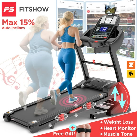 Qvamodo 4.8HP Folding Treadmill with 300lbs Capacity for Home Use, 15% Auto Incline, Dual HiFi Bluetooth Speakers, 10MPH, APP Control, Black