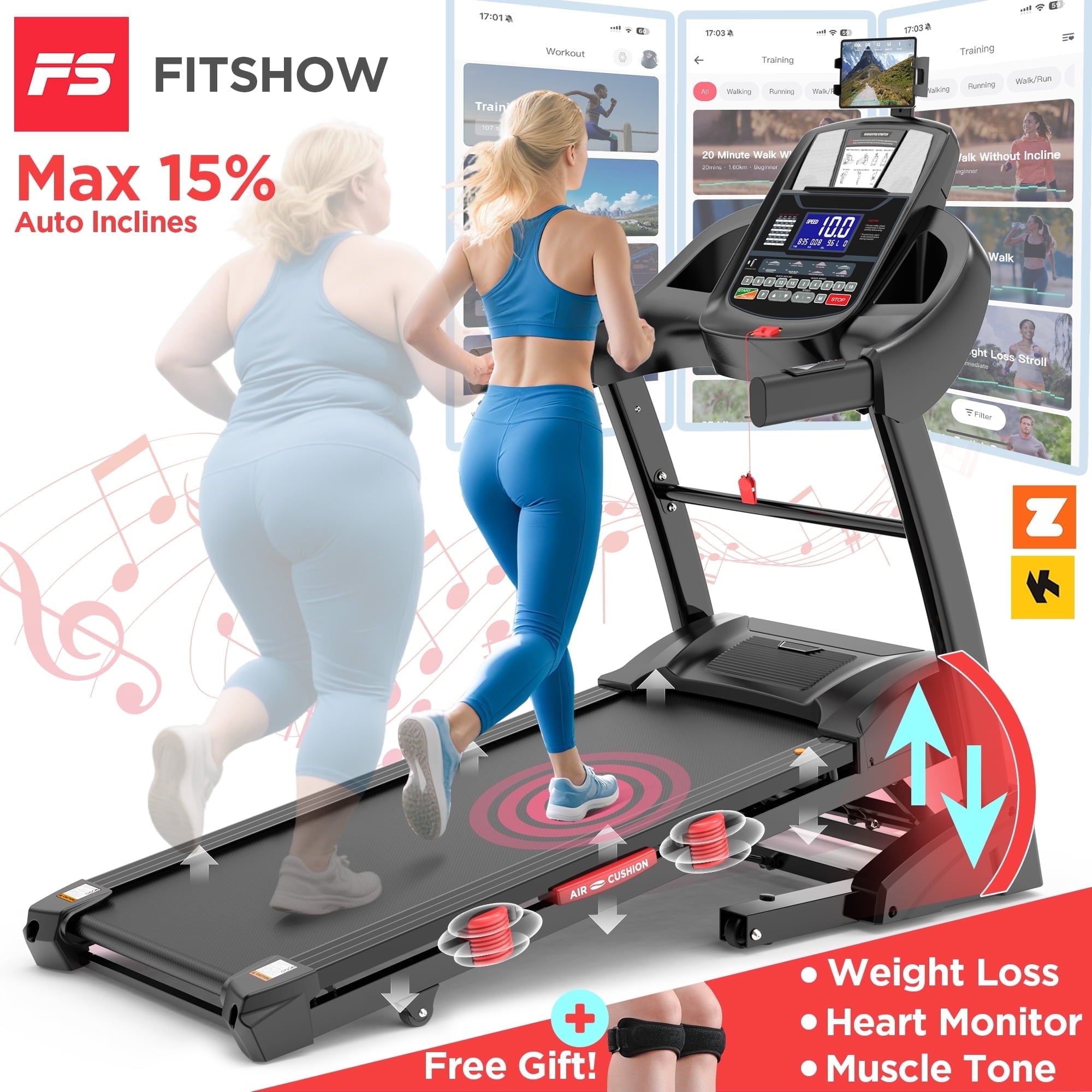 Qvamodo 4.8HP Folding Treadmill with 300lbs Capacity for Home Use, 15% Auto Incline, Dual HiFi Bluetooth Speakers, 10MPH, APP Control, Black