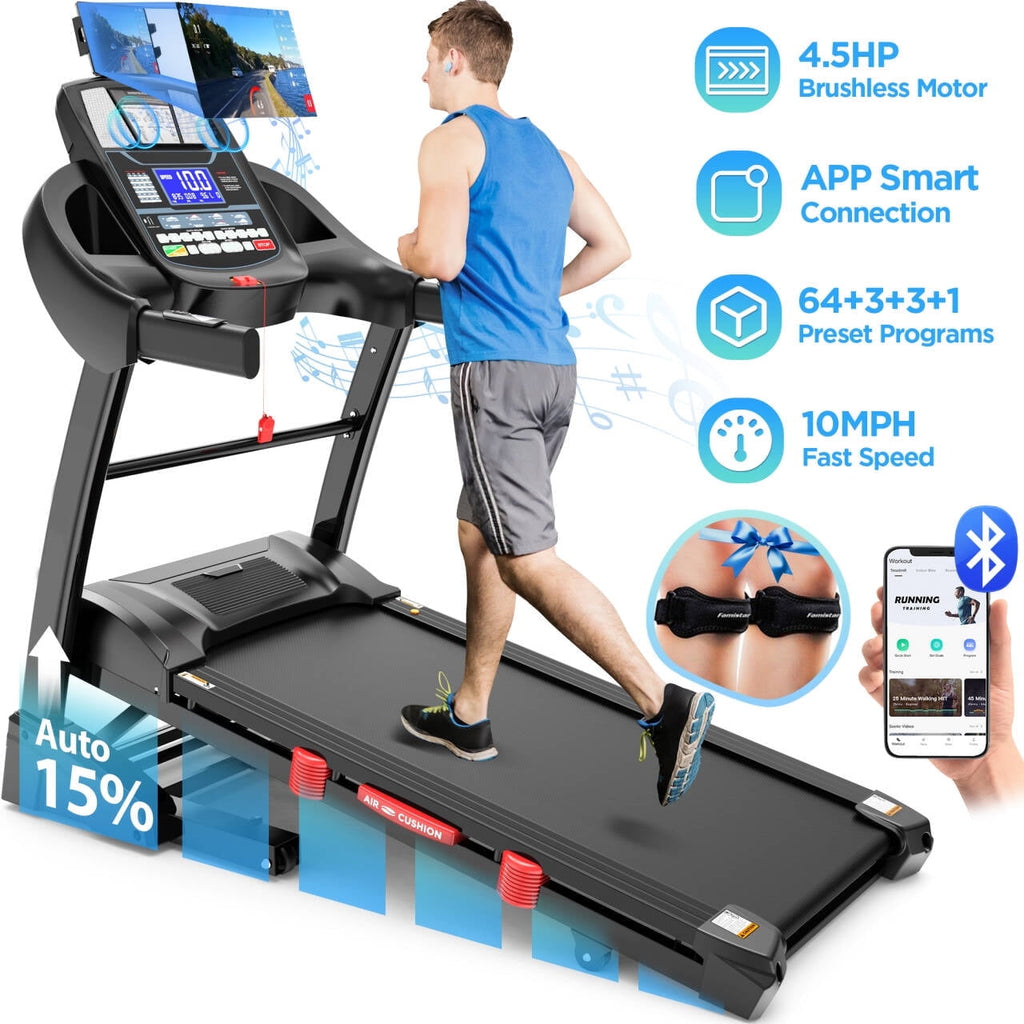 MAJUNES 4.5HP Treadmill w/ 300lbs Capacity, 15 Levels Auto Incline, 64+3+3+1 Preset Programs, 4.5HP Speed, LCD Display, App Control, HiFi Stereo Bluetooth, Shock Absorption System, Portable Exercise Machine