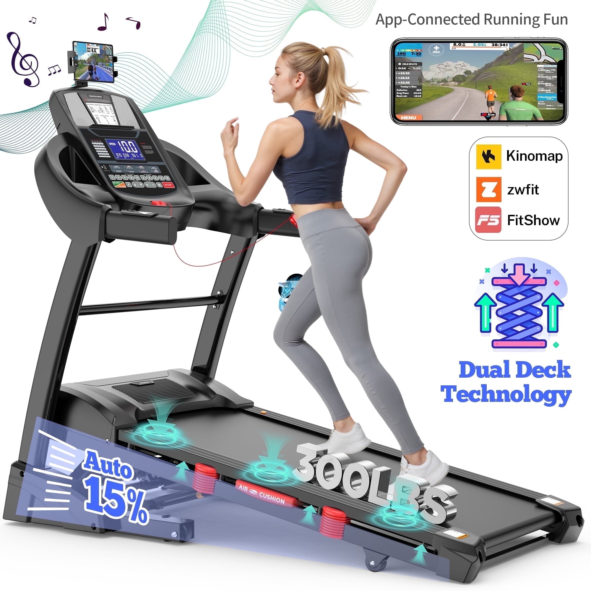 4.75HP Foldable Treadmill, 300lb Capacity, 15-Level Auto Incline, Smart APP w/ Virtual Run, 64+3+3+1 Preset Programs, 10MPH Speed, - Portable Treadmill for Home& Office Running and Walking