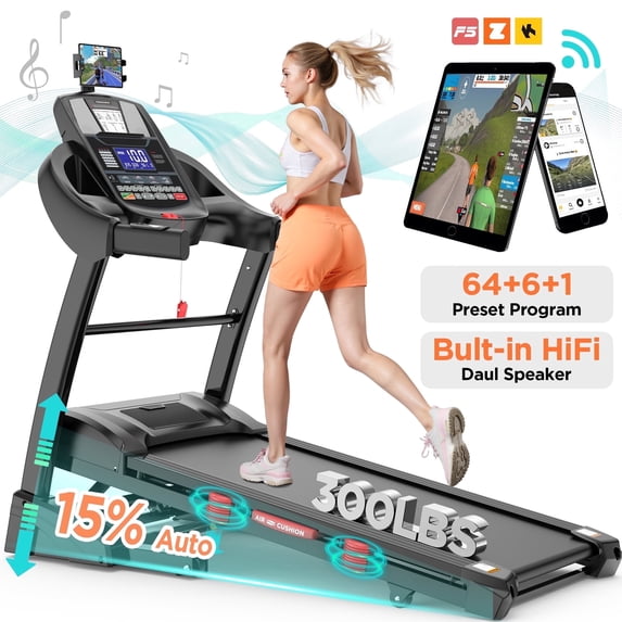 Qvamodo 4.75HP Folding Treadmill w/ 300lb Capacity, 15% Auto Incline, Treadmill for Home or Office, 10MPH Speed, 71 Preset Programs, Portable Running and Walking Machine