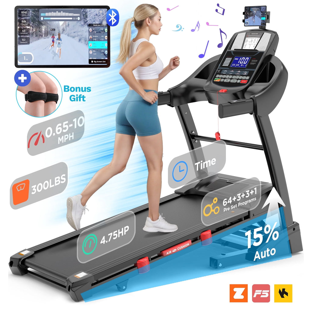 Ovamodo 4.75HP Treadmill with Auto Incline, 15% Incline Running Treadmills for Home, Wide Folding Treadmill with Heart Monitor, Dual HiFi Speakers, 300 lb Weight Capacity