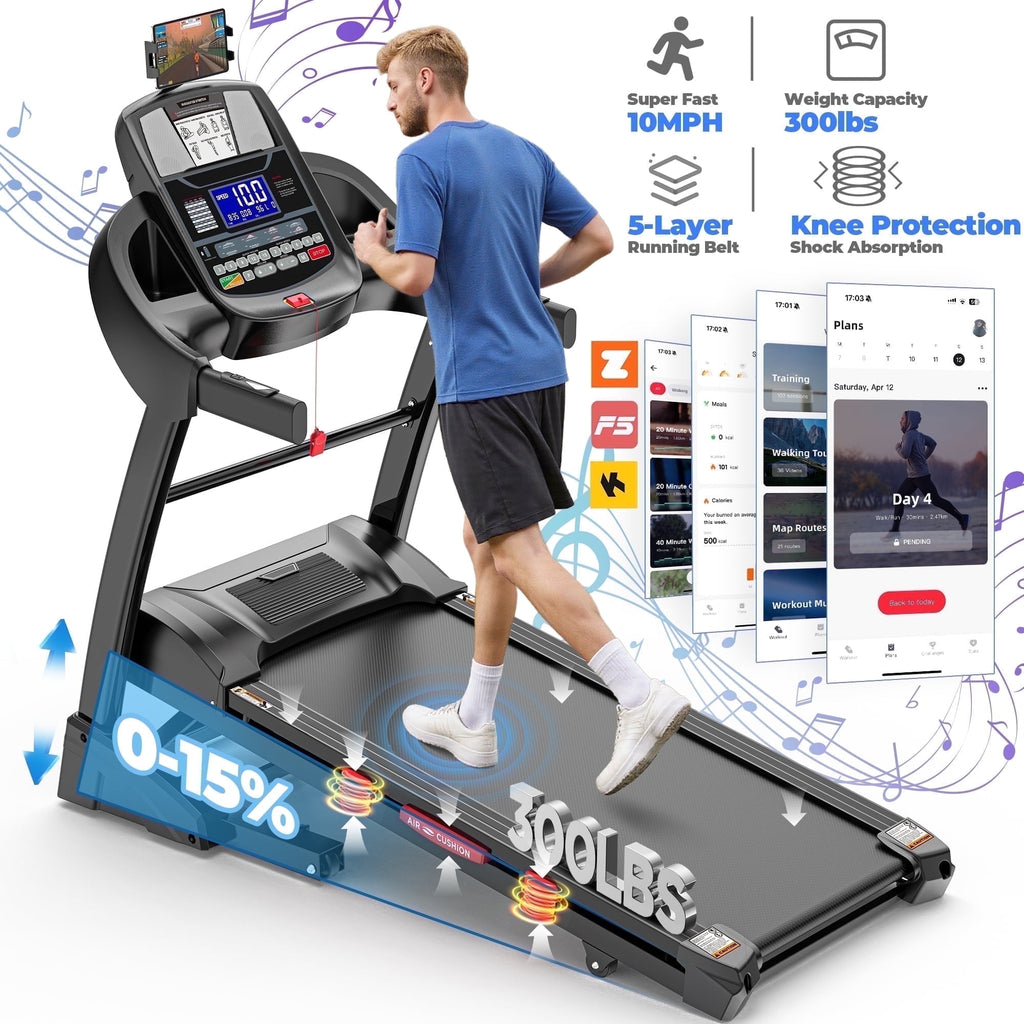Qvamodo 4.8HP Walking Running Treadmill with Automatic Incline, Treadmill with71 Preset Programs, 300lb Capacity, Auto Incline Running Treadmill for Home Gym
