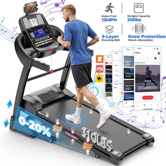 Qvamodo 4.8HP Walking Running Treadmill with Automatic Incline, Treadmill with 64+3 Preset Programs, 300lb Capacity, 20-Lvel Auto Incline Running Treadmill for Home Gym