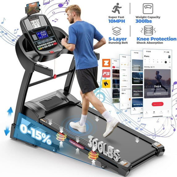 Qvamodo 4.8HP Walking Running Treadmill with Incline, Treadmill with 64+3+3+1 Preset Programs, 300lb Capacity, Auto Incline Running Treadmill for Home Gym