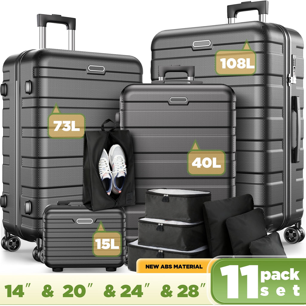 WNANEEZ 11 Pack Luggage Set Hardshell Lightweight Suitcase with Integrated TSA-style Lock and Spinner Wheels, 14" Travel Case, 20" Carry-On Luggage, 24" Checked Luggage, 28" Checked Luggage, Black
