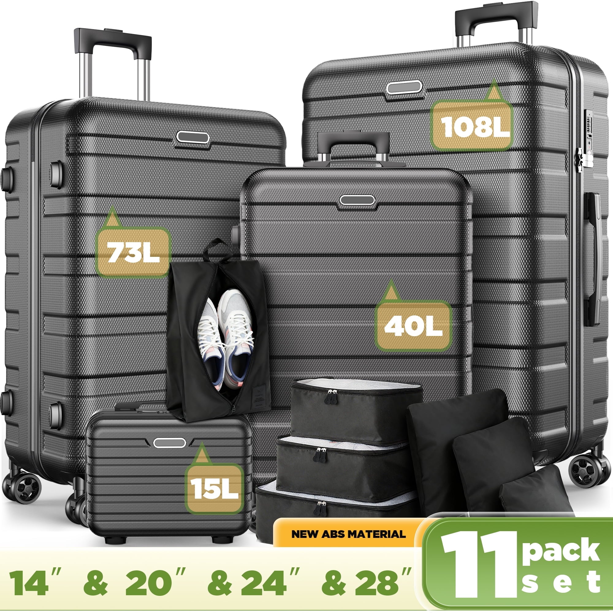 WNANEEZ 11 Pack Luggage Set Hardshell Lightweight Suitcase with Integrated TSA-style Lock and Spinner Wheels, 14" Travel Case, 20" Carry-On Luggage, 24" Checked Luggage, 28" Checked Luggage, Black