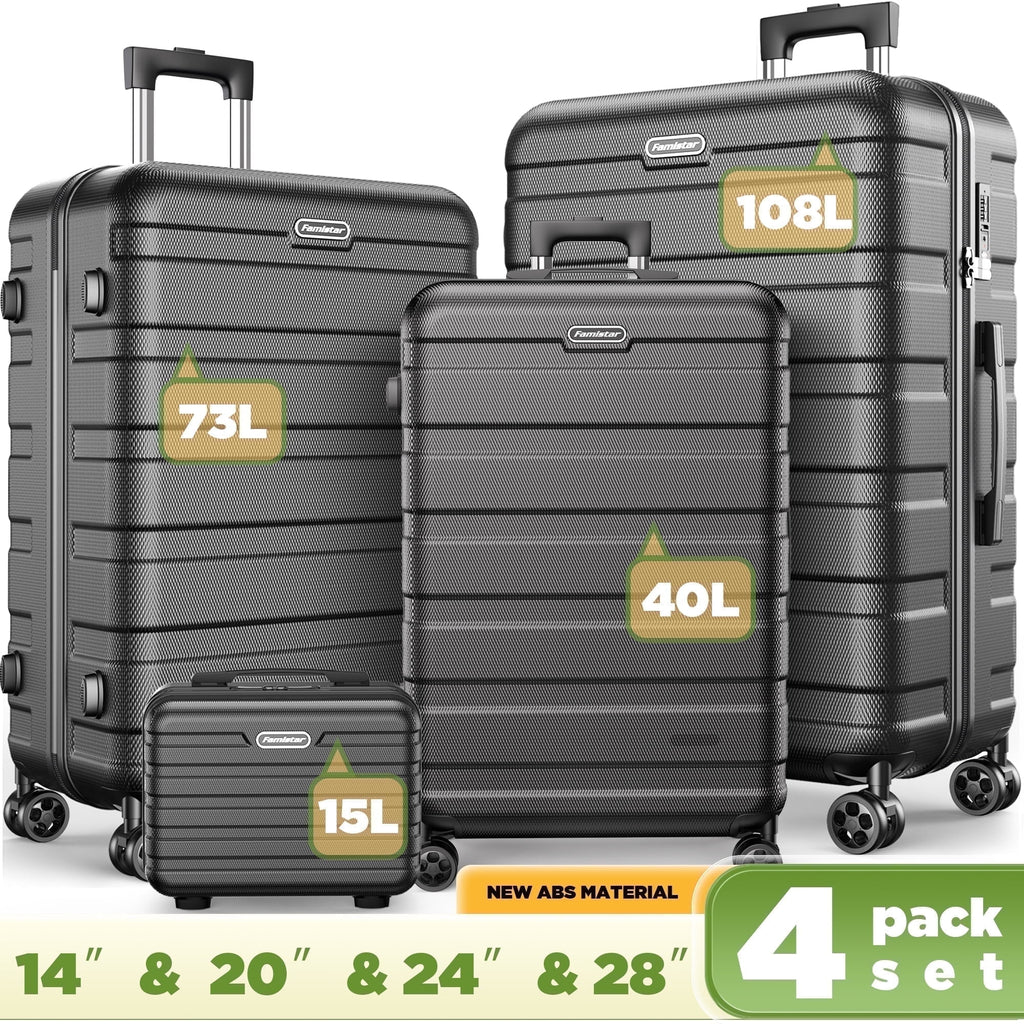 11 Pack Luggage Set Hardshell Lightweight Suitcase with Integrated TSA-style Lock and Spinner Wheels, 14" Travel Case, 20" Carry-On Luggage, 24" Checked Luggage, 28" Checked Luggage, Black