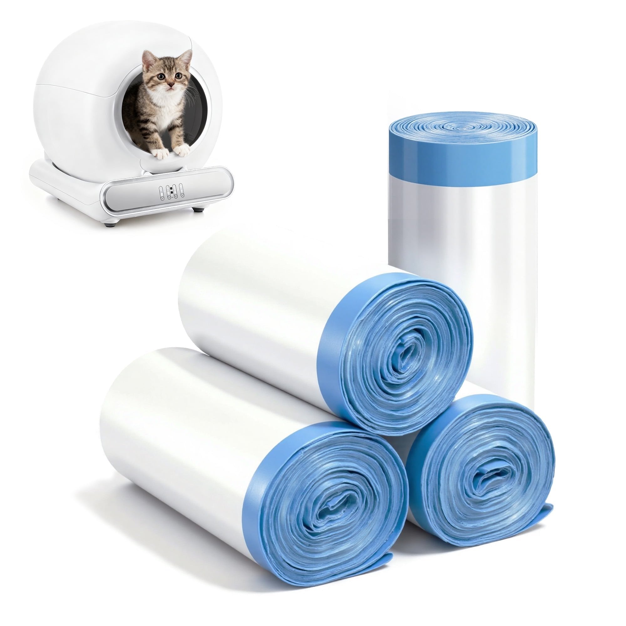 Campmoy 4 Rolls Thick Cat Litter Box Liners, 80 Count Drawstring Bags, Daily Use & Compatible with Automatic Self-Cleaning Litter Boxes, Replacement Cat Litter Box Liners, White