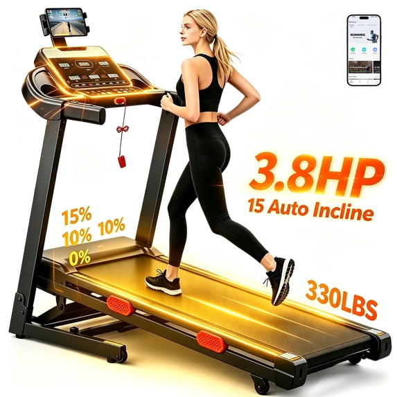 AQUGOKS 4-in-1 15% Auto Incline Folding Treadmill for Home, 3.8HP Quiet Brushless Motor with 5-Layer Shock Absorption, 300 lbs Capacity, 6 LED Displays with Handrails