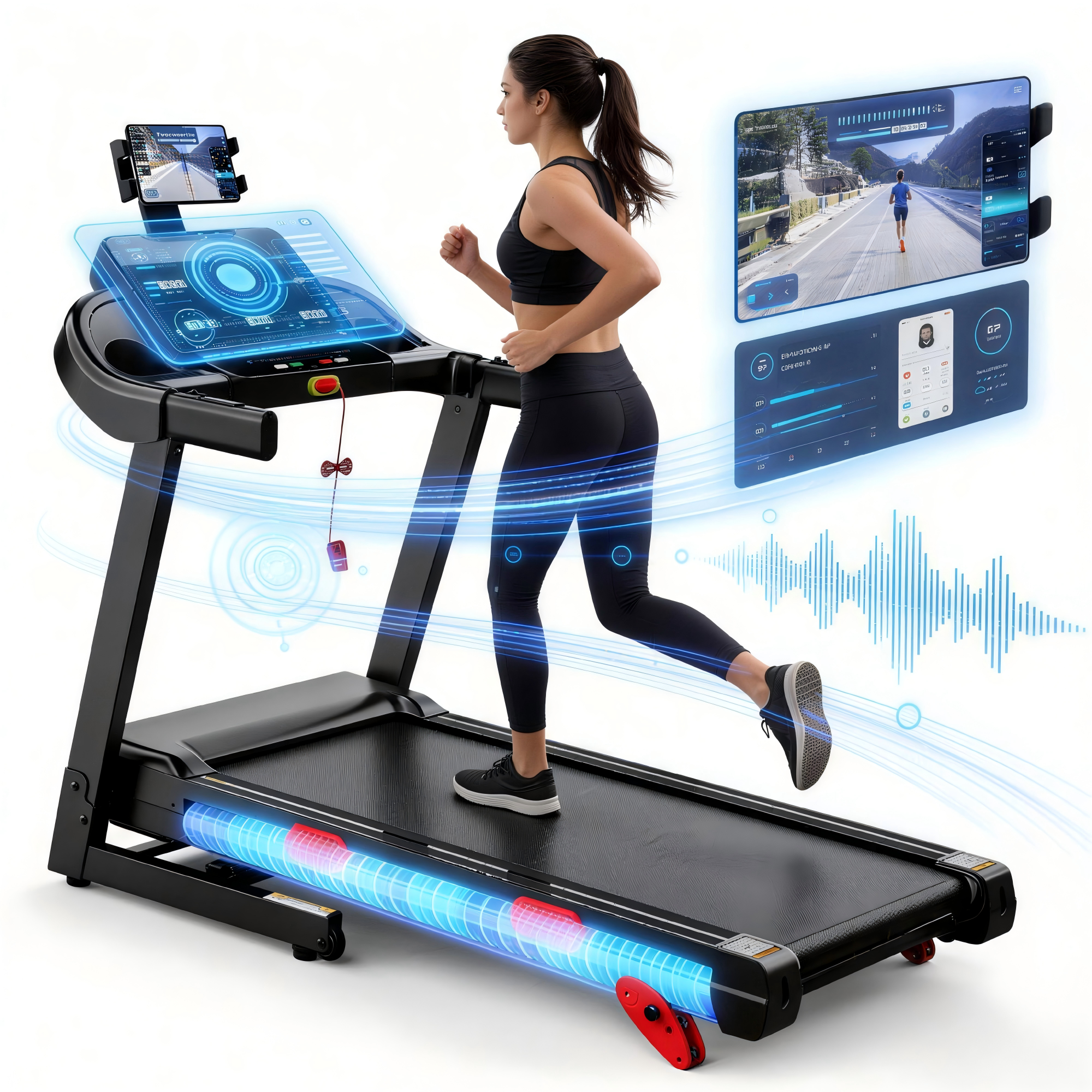 Qvamodo 4 in-1 Folding Treadmill with 3.75HP Motor, 10% Manual Incline, Smart App Control, Wide Running Belt, Shock Absorption, 320 lbs Capacity, Home Fitness Running Machine