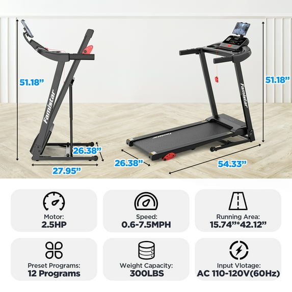 Famistar Electric Folding Treadmill for Home with Adjustable Incline & APP, 7.5MPH Speed, 301lbs, HiFi Bluetooth Speakers, 2.6HP Foldable Compact Treadmill Walking Running Machine