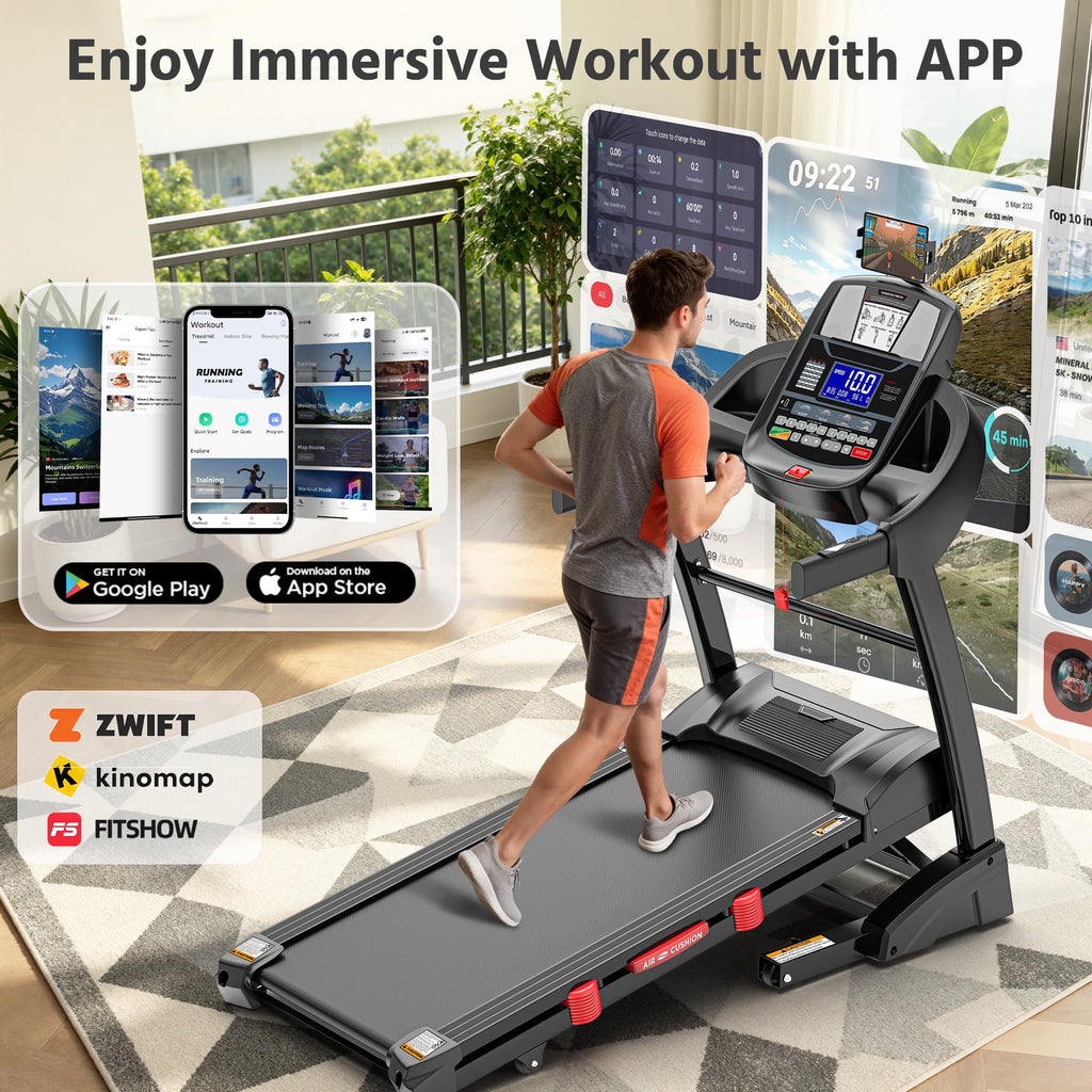 AQUGOKS Treadmill for Home - 20% Auto Incline, 12 MPH, 300-400 Lbs Capacity, 50"x18" Running Surface. LED Display Shows Speed, Incline, Time, Distance and Calories.