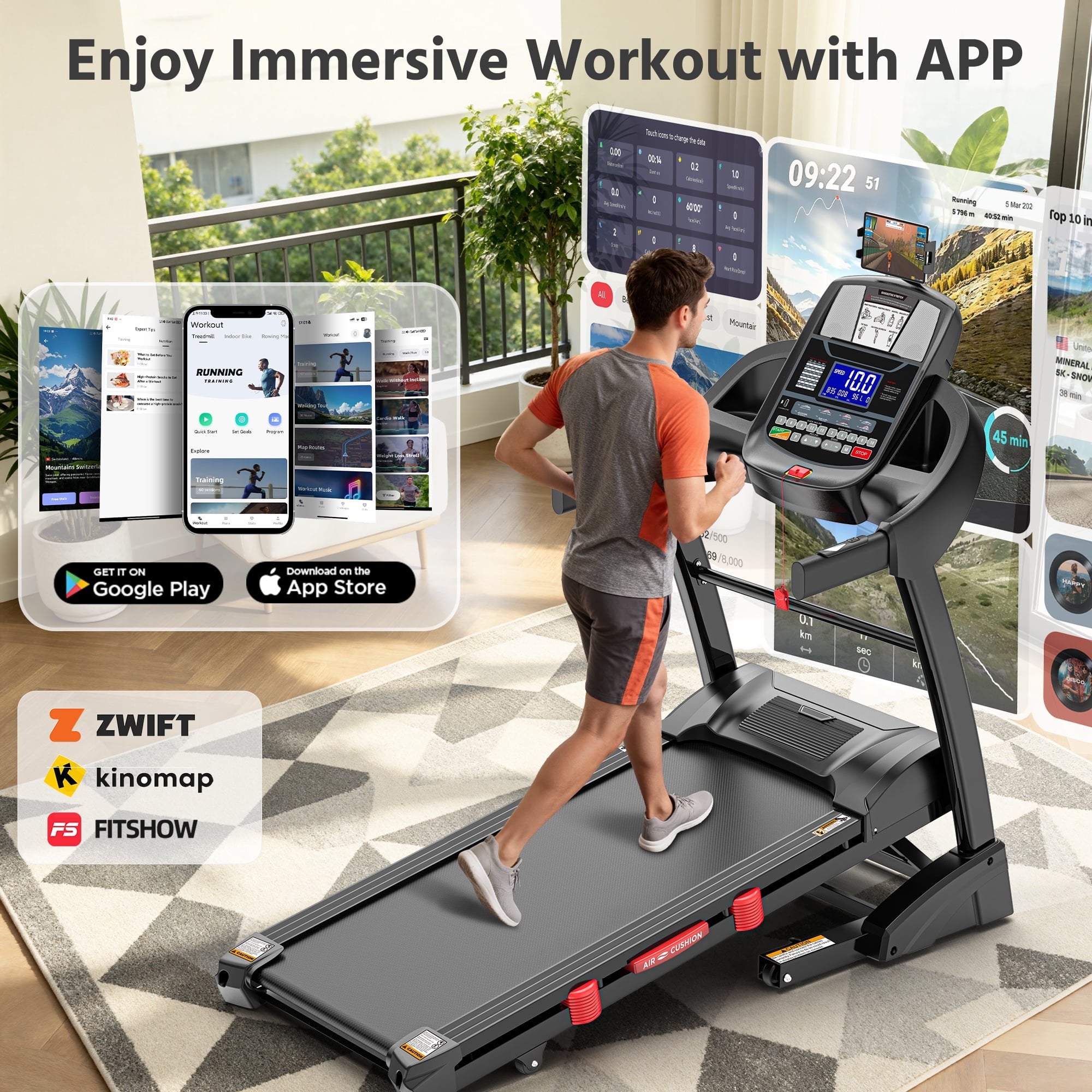 AQUGOKS Treadmill for Home - 20% Auto Incline, 12 MPH, 300-400 Lbs Capacity, 50"x18" Running Surface. LED Display Shows Speed, Incline, Time, Distance and Calories.