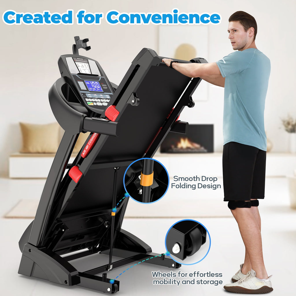 Qvamodo 4.75 HP Folding Treadmill for Home with 15% Auto Incline, 300LB Capacity, 10MPH Speed, App & Bluetooth Speaker, LCD Display, Portable Treadmill Running Walking Machine, Shock Absorption