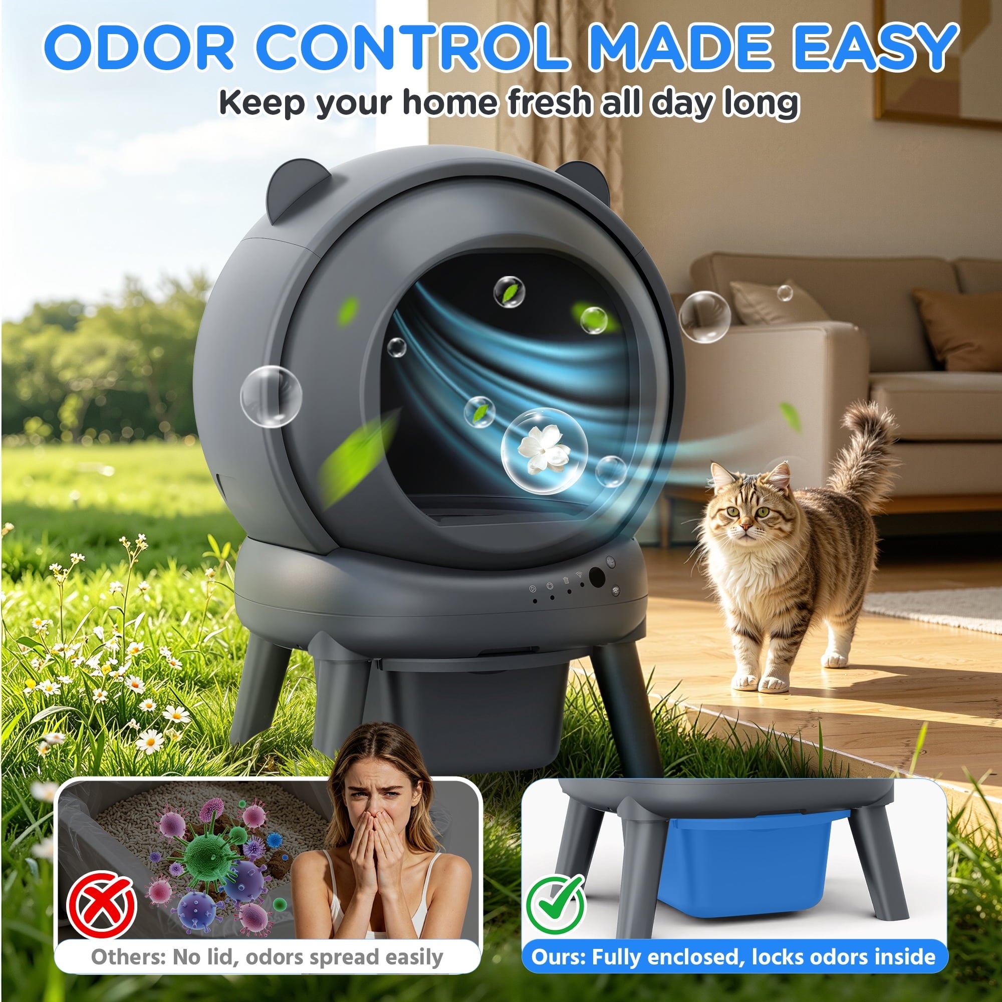 Qvamodo Self Cleaning Litter Box, 100 L+15L Automatic Cat Litter Box Self Cleaning for Multiple Cats, with Safety Protection, App Control,2 Roll Garbage Bags+Cat Litter Mat