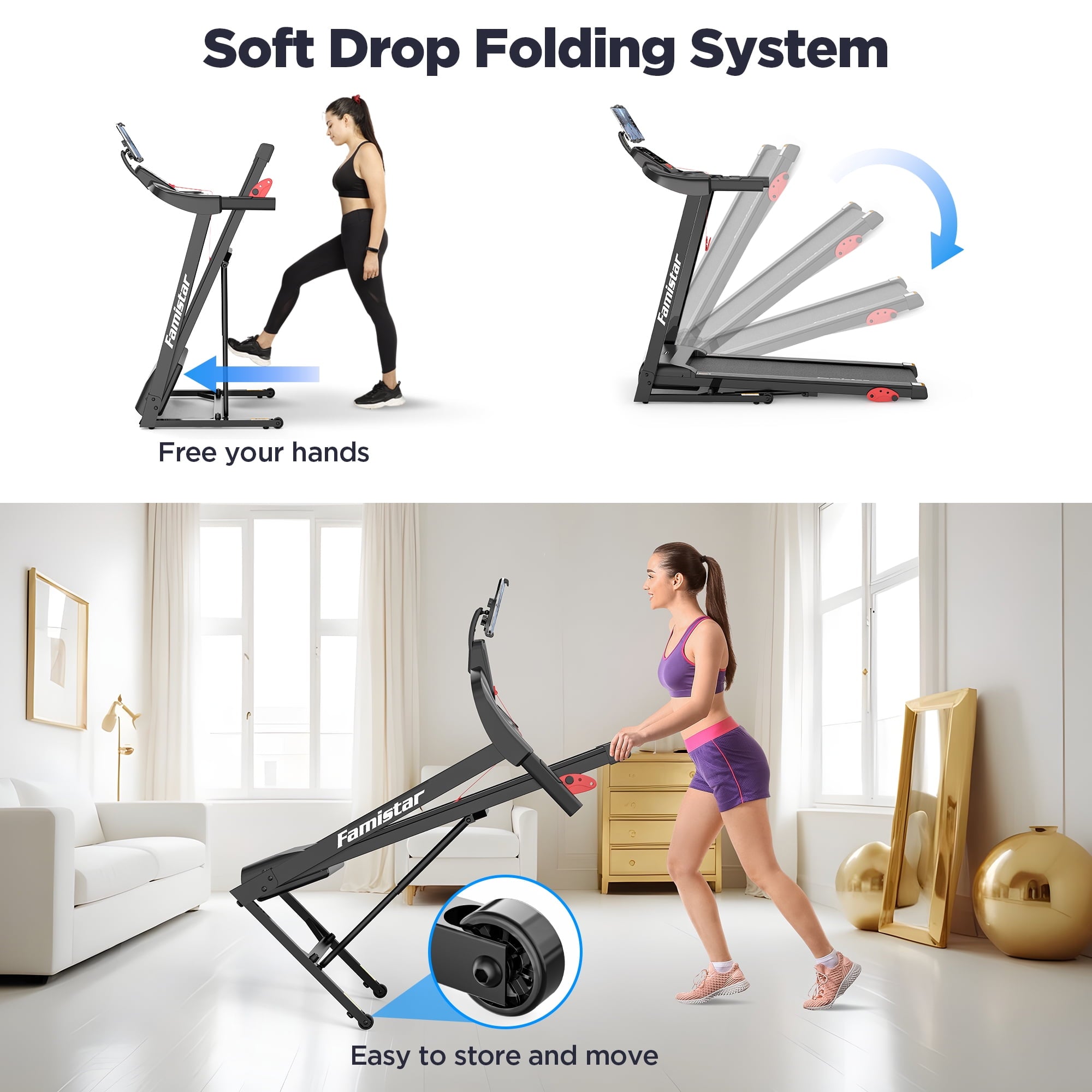 Famistar Treadmill 300 LB Capacity for Home with Incline, Folding Electric Running Walking Treadmill, Portable Treadmill for Home Use, 7.5 MPH, Smart Apps, 64+7 Programs, Bluetooth Speakers