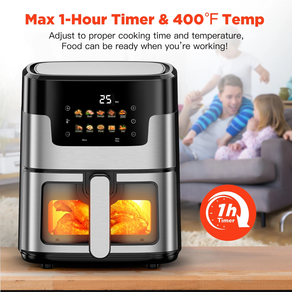 WNANEEZ Air Fryer Oven, 10-in-1 Family Size 7.5Qt Air Fryer with Visible Window & Light, Digital LED Touch Screen, 10 Preset Cookings, 95% Less Oil, Nonstick Easy Clean Basket, 100Pcs Liner