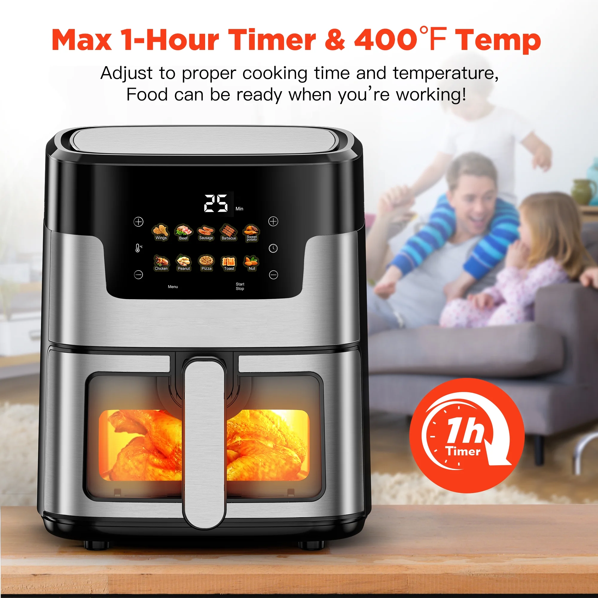 WNANEEZ Air Fryer Oven, 10-in-1 Family Size 7.5Qt Air Fryer with Visible Window & Light, Digital LED Touch Screen, 10 Preset Cookings, 95% Less Oil, Nonstick Easy Clean Basket, 100Pcs Liner