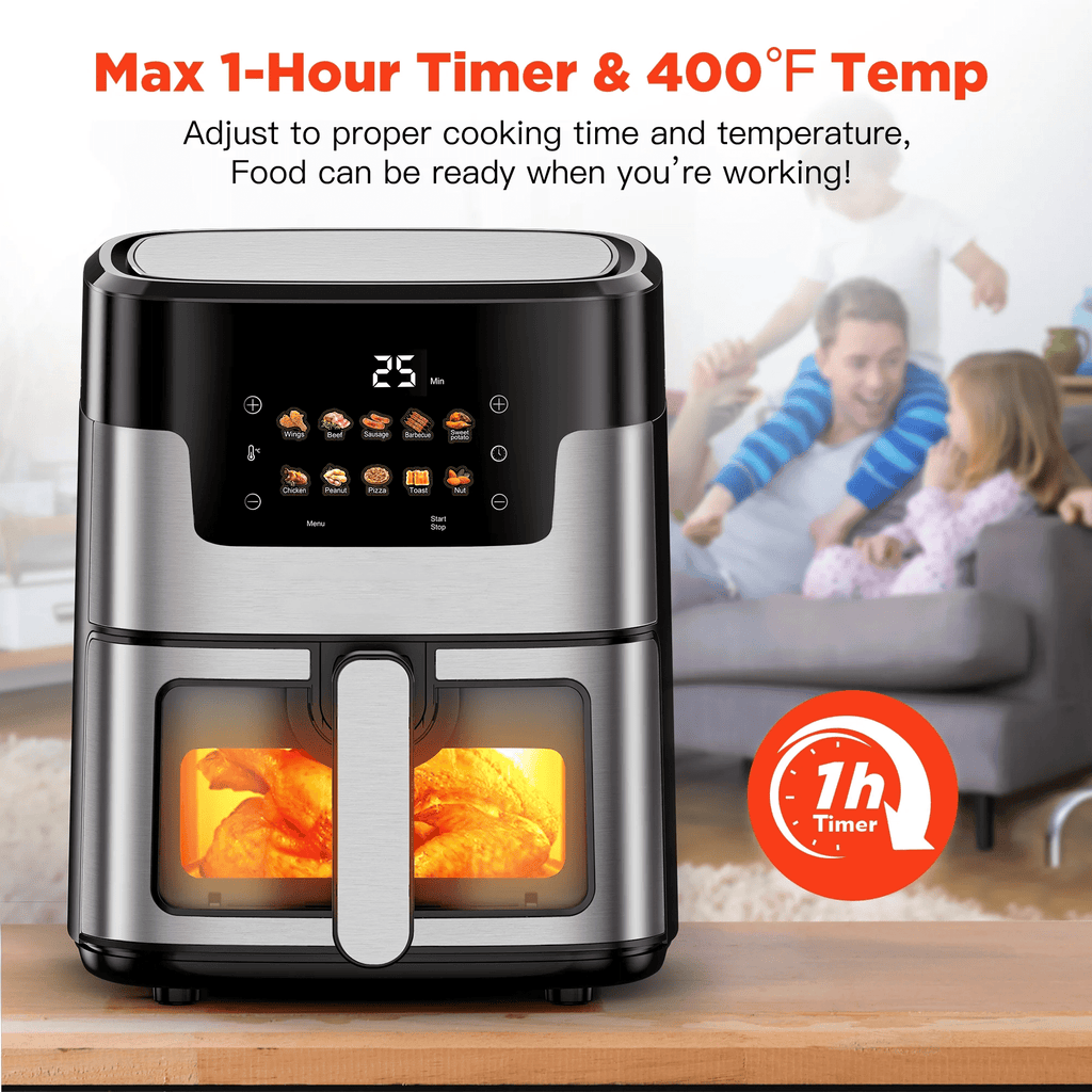 WNANEEZ Air Fryer Oven, 10-in-1 Family Size 7.5Qt Air Fryer with Visible Window & Light, Digital LED Touch Screen, 10 Preset Cookings, 95% Less Oil, Nonstick Easy Clean Basket, 100Pcs Liner
