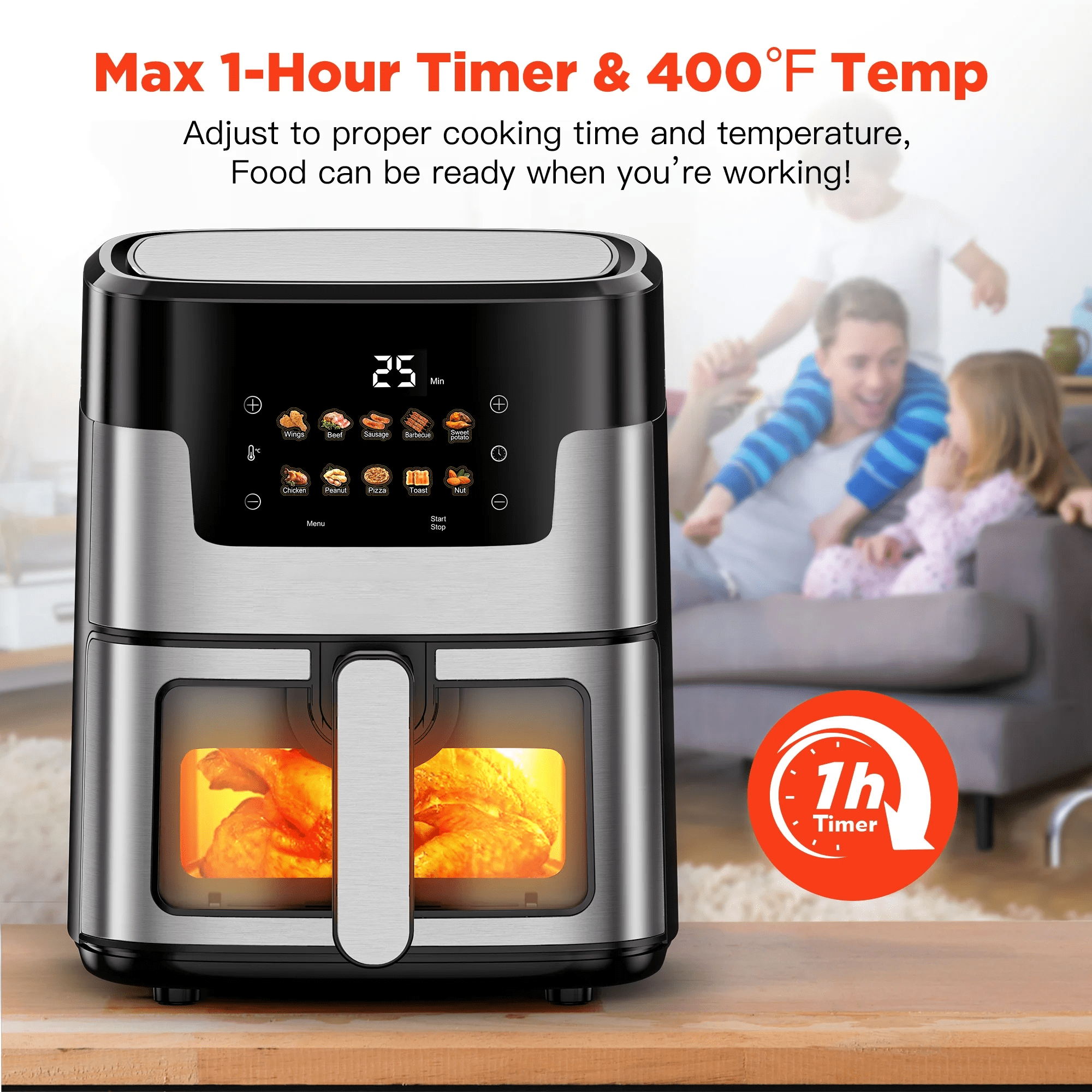 WNANEEZ Air Fryer Oven, 10-in-1 Family Size 7.5Qt Air Fryer with Visible Window & Light, Digital LED Touch Screen, 10 Preset Cookings, 95% Less Oil, Nonstick Easy Clean Basket, 100Pcs Liner