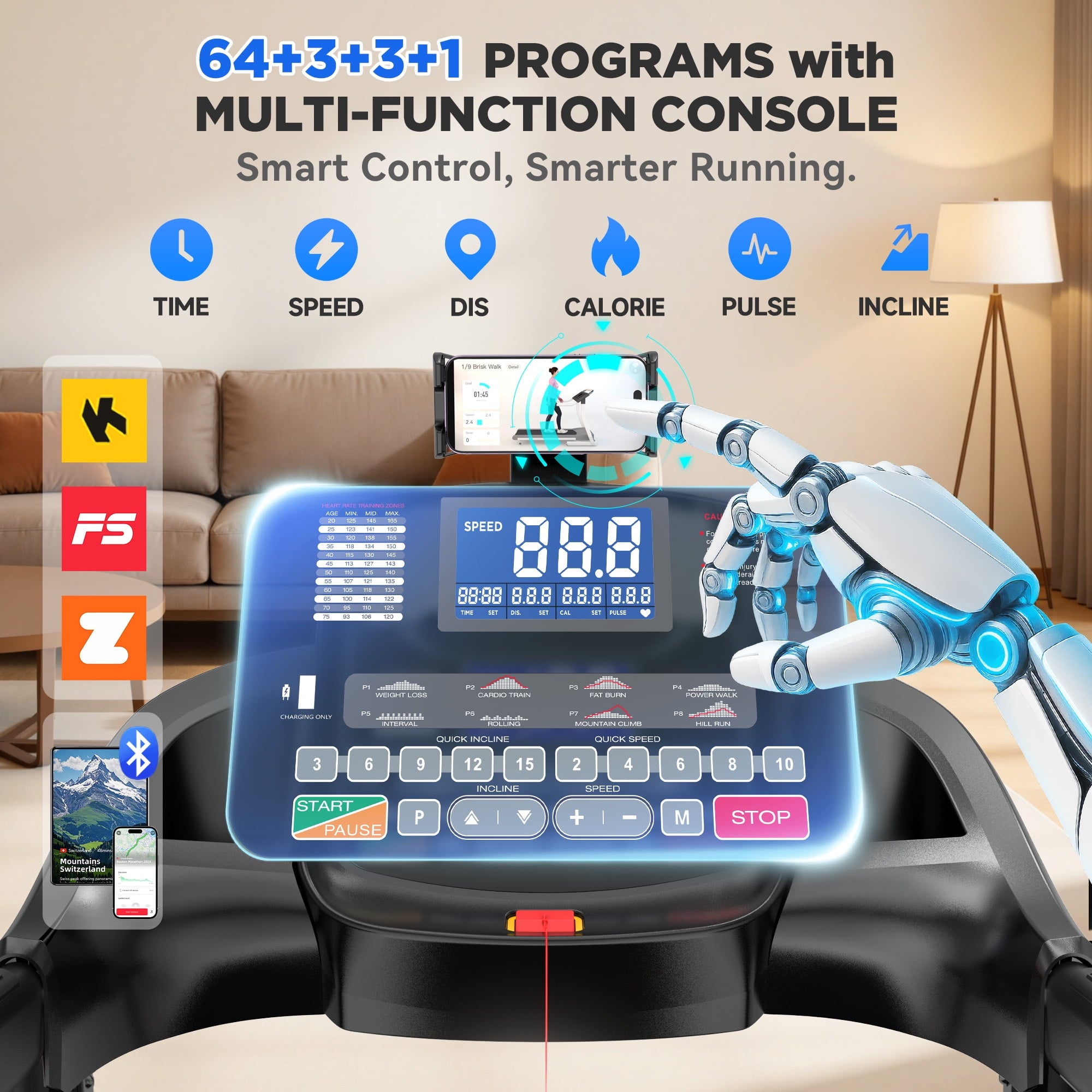 Famistar 5.0HP Folding Treadmill for Home with 15 Auto Incline, Smart APP, 300lbs, HiFi Bluetooth Speakers, 64 Programs, 10MPH Speed, Foldable Electric Treadmill Running Machine, Knee Strap Gift