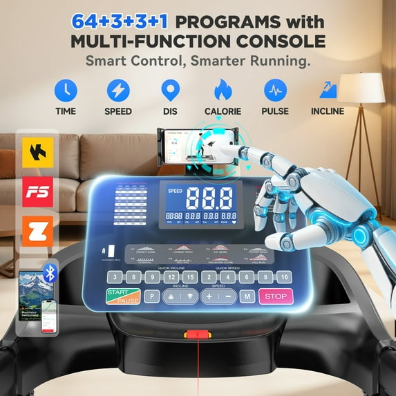 Famistar 5.0HP Folding Treadmill for Home with 15 Auto Incline, Smart APP, 300lbs, HiFi Bluetooth Speakers, 64 Programs, 10MPH Speed, Foldable Electric Treadmill Running Machine, Knee Strap Gift
