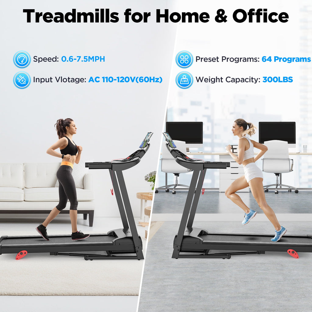 Campmoy 3HP Folding Treadmill for Home, 300 Lbs Capacity, 9° Adjustable Incline, LED Display, 64 Programs, Bluetooth Speakers, FitShow APP Control, Compact Walking Running Machine, Knee Strap Gift