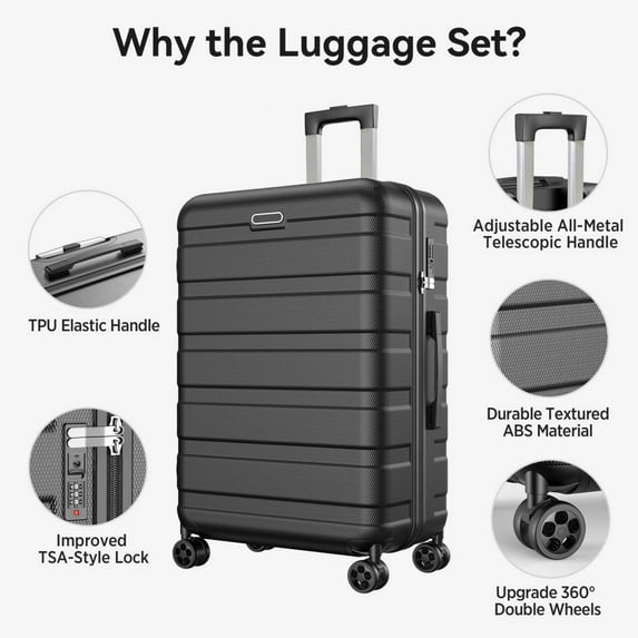 WNANEEZ 11PCS Hardside Luggage Set, Lightweight ABS Suitcases with Password Lock & 360° Spinner Wheels, Includes 14" Travel Case, 20" Carry-On, 24" Checked, 28" Large Luggage + 7 Packing Cubes, Black